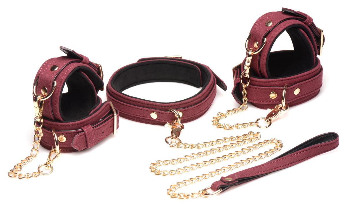 Image of Master Series 6delige BDSM Suede Boeienset Met Collar En Riem Bordeaux 