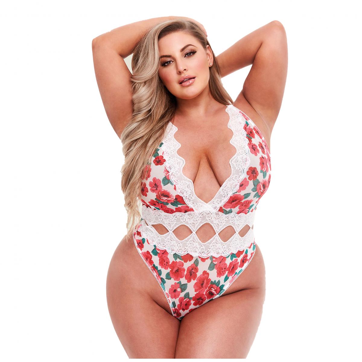 Baci - White Floral & Lace Stringbody - Curvy afbeelding