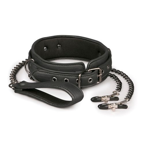 Image of Easytoys Fetish Collection Kunstleren halsband met tepelklemmen