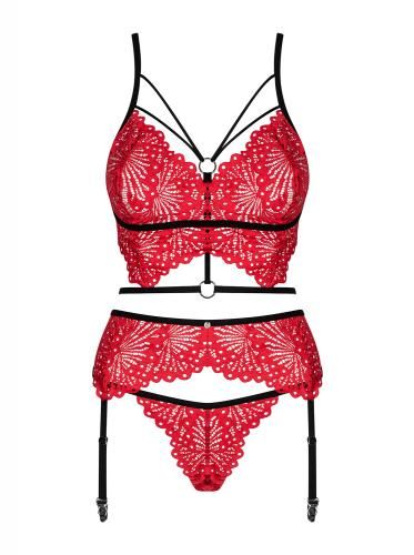 Mettia 3-delige Kanten Jarretel Set - Zwart/Rood afbeelding